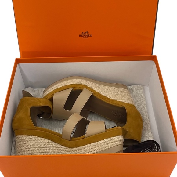 Hermes Shoes - Hermes Tan and Cream Espadrille Wedges